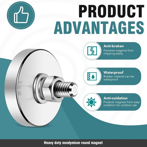M6 150 lb 36mm 4 Packs Super Strong Neodymium Round Magnet with Male Thread Nuts Bolts Corrosion-Resistant Mounting