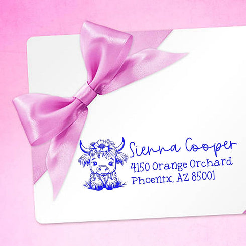 Premium Pre-Inked Personalized Name and Address Stamp, Custom Shaggy Highland Cow Design, Ideal for Dairy Product