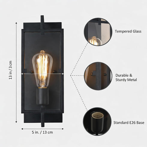 13 E26 Black Wall Sconce, in. Indoor Wall Lamp with Tempered Glass, Base for DIY Lighting Fixture, ETL Bathroom Vanity