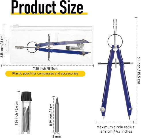 Zonon 12 Pcs Professional Geometry Compass Drawing Tool, Metal Compass with Extra Refills for School