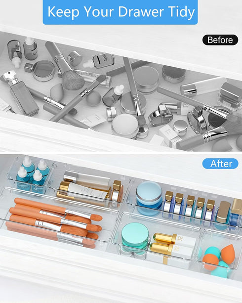 Asnews Set 60, 4-Size Clear Drawer Organizers of Vanity Organizer Trays, Stackable Bathroom & Desk Drawer Organizer