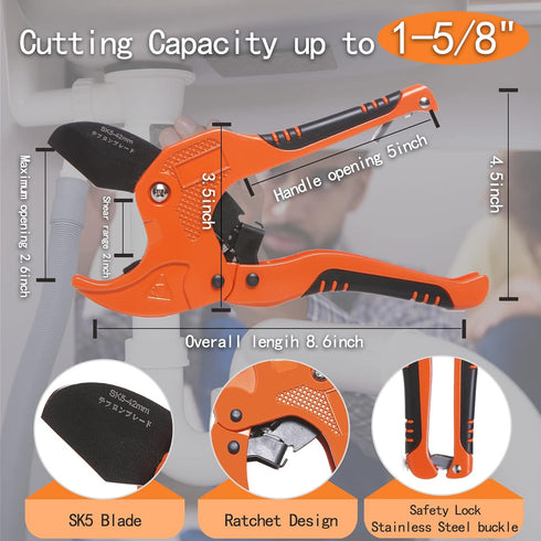Zantle Pipe and Tube Cutter, Ratcheting Hose Cutter, One-hand Fast Cutting Tool for Less Than 1-1/4" O.D. PEX, PVC