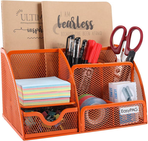 EasyPAG Orange Desk Organizer, Mesh Caddy with 6 Compartments and 1 Drawer for Office, Home, School