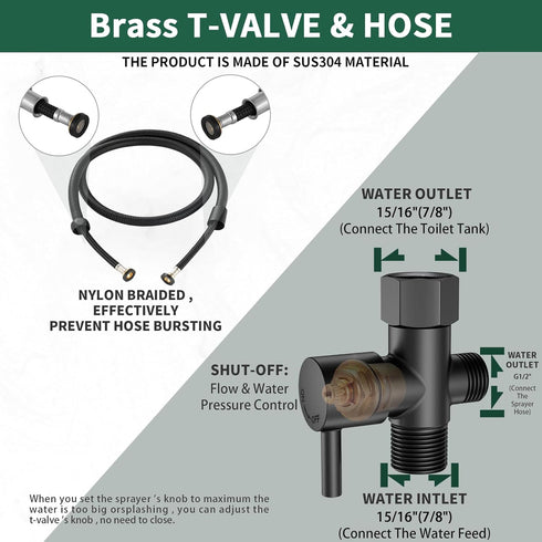 Matte Black Handheld Bidet Sprayer for Toilet, Solid Brass T-Valve & Stainless Steel Hose, Adjustable Pressure Cloth