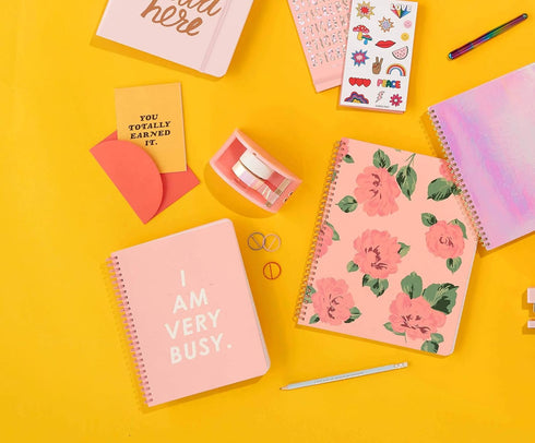 ban.do Mini Spiral Notebook, 9" x 7", 160 Lined Pages with Pockets, I Am Very Busy