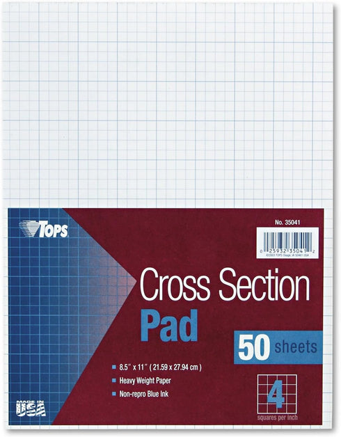 TOPS Cross Section Pad, 1 Pad, 4 Squares/Inch, Quadrille Rule, Letter Size, White, 50 Sheets