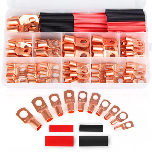 Copper Wire Lugs Terminal Connectors - 64Pcs Battery Cable Lugs Ends and 66Pcs Heat Shrink Tubing for AWG12 10 8 6 4 2