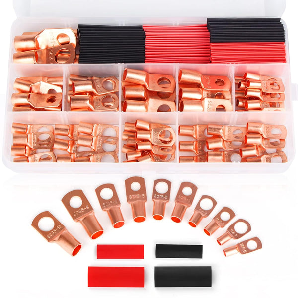 Copper Wire Lugs Terminal Connectors - 64Pcs Battery Cable Lugs Ends and 66Pcs Heat Shrink Tubing for AWG12 10 8 6 4 2