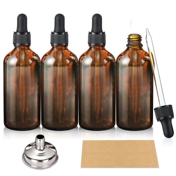 AOZITA 4 Pack 100ml Dark Amber Dropper Bottles with 1 Funnel & 4 Labels, 3.4oz Brown Glass Tincture Bottles for