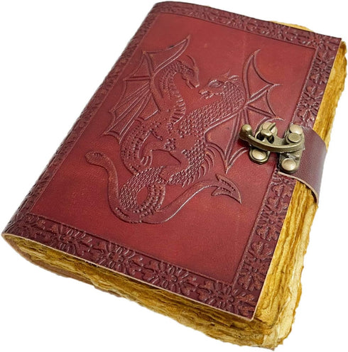 AzureGreen DOUBLE DRAGON Blank Page Book, Handcrafted Leather Unlined Journal, 5 x 7 Vintage Brown