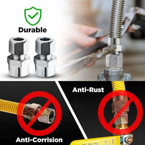 Gas Connector Kit, 48 inch Yellow Coated Stainless Steel, 5/8 OD Flexible Hose