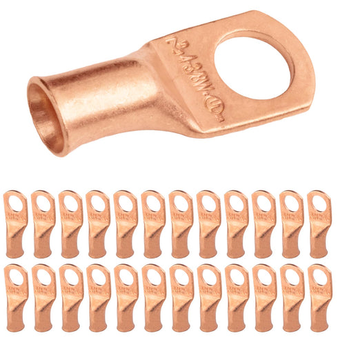 SELTERM 25pcs 4 AWG 3/8" Stud Battery Lugs, Heavy Duty Copper Wire Ring Terminals, UL Bare Copper Eyelets