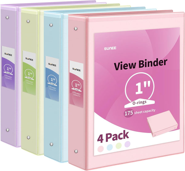 SUNEE 3 Ring Binder 1 Inch, 4 Pack, Clear View PVC-Free Binder for School or Office Supplies, Assorted Pastel