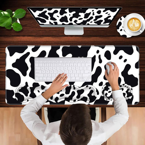 Keyboard Wrist Rest and Mouse Pad Set, Ergonomic Coaster with Memory Foam, Large XL Desk Mat (Cute Cow Print)