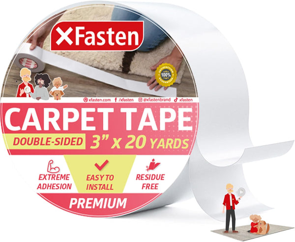 XFasten Double Sided Carpet Tape for Area Rugs 3 Inch x 20 Yards, Residue-Free Rug Tape for Hardwood Floors