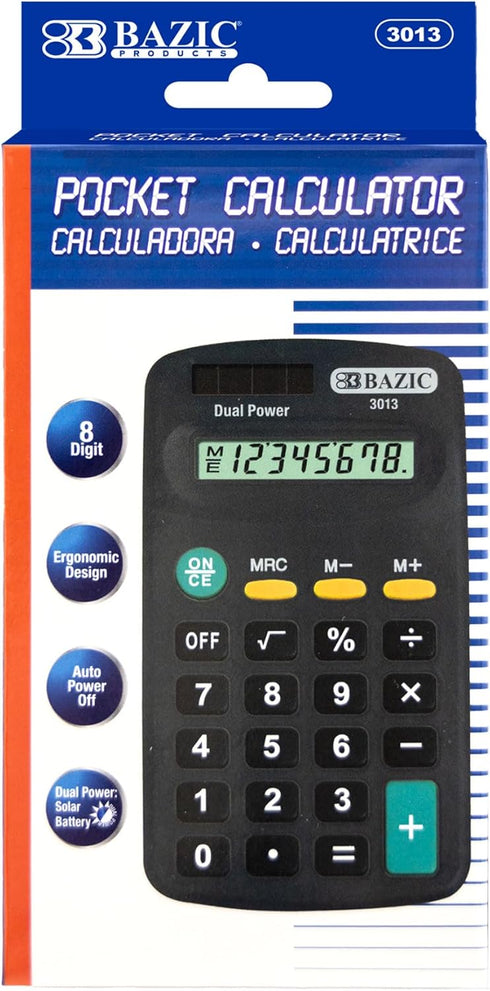 BAZIC 8 Digit Pocket Size Calculator, Dual Power, LCD Display, Mini Standard Function, Black