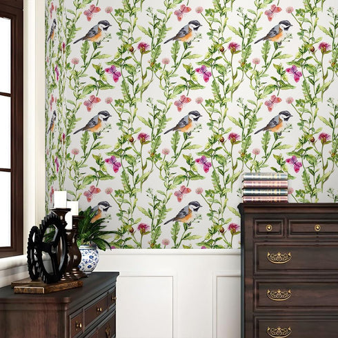 REDAMANCY Watercolor Meadow Green Grass Leaf Flowers Plants Birds Purple Butterfly Peel and Stick Wallpaper Stick on