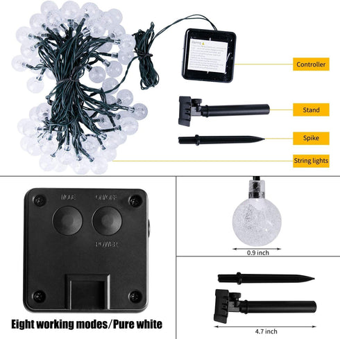 60 40ft 8 Solar String Lights, Small Crystal Ball Outdoor String Light LED Lighting Modes Waterproof Solar Powered