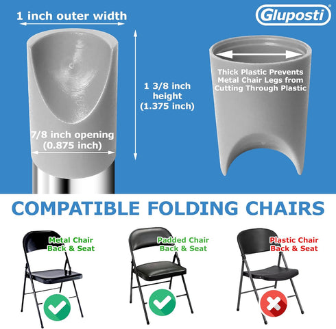 8 7/8 Inch Gray Folding Chair V-Tip Stabilizer Caps, ID - Heavy Duty Nylon End Caps, Non-Marring Round Top of Leg