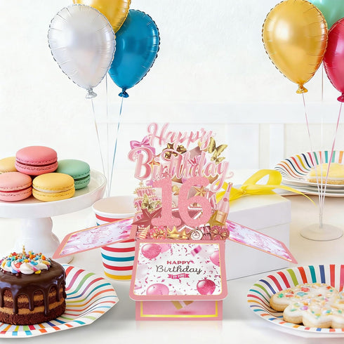 FOBELEC 16th 16 3D Birthday Card with Envelopes for Girls, Birthday Decorations for Daughter, Sweet Bday Gift Box