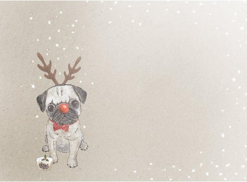 Tree-Free Greetings Holiday Greeting Cards, Pug Happy Christmas, Vintage Brown Recycled Paper, 10-Pack