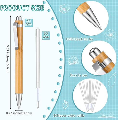 Fainne Bamboo Pens Bulk Wood Natural Engraving Retractable Bamboo Pen with Extra Black Ink Refills Ballpoint Pen Journaling Pen(30 Pcs)
