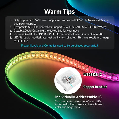 WS2812B 16.4FT/5M 60LEDs/m 300Pixels Programmable 5050SMD IP30 DC5V SEZO ECO LED Strip Light Individually Addressable