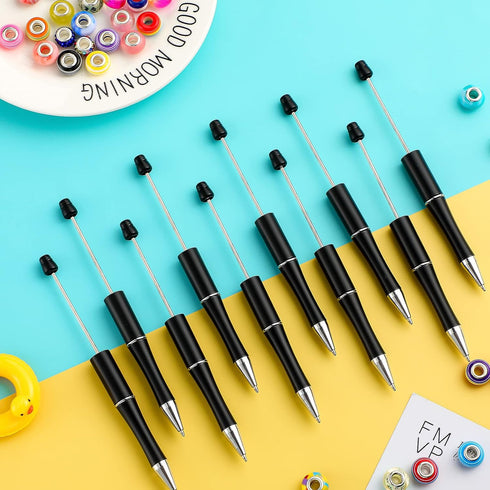 Crtiin 50 Pieces Plastic Beadable Pen Bulk with Black Ink Bead Ballpoint Pen Shaft and 50 Refills for DIY Gift Supplies