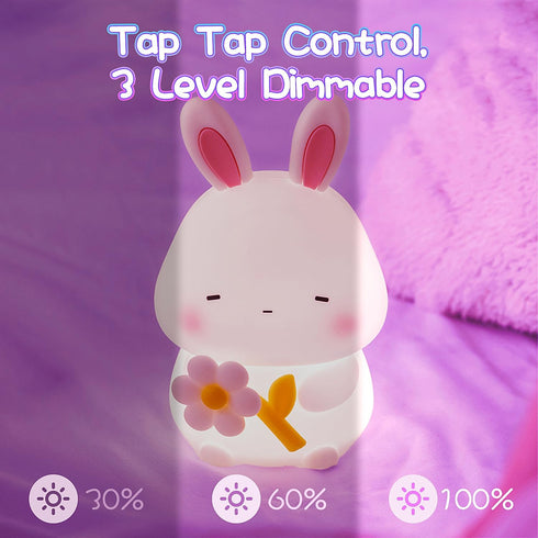 3 Dimmable 1200mAh Bunny Night Light for Kids, Level Rabbit Nursery Nightlight, Soft Silicone Bedside Touch Lamps, Cute