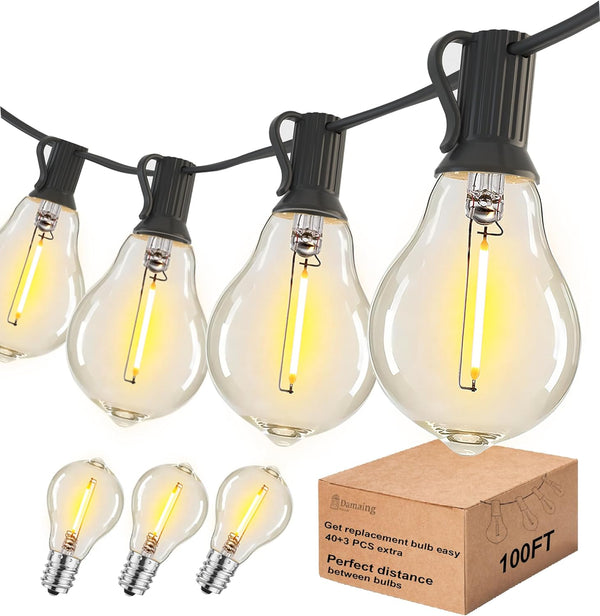 DAMAING Outdoor String Lights 100FT Patio String Lights Waterproof with 43 Shatterproof