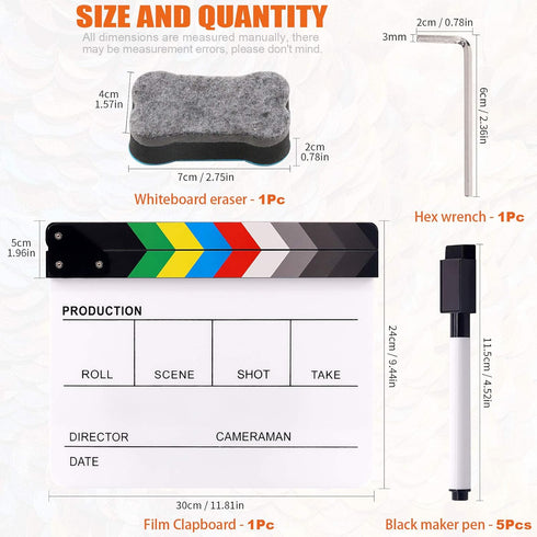 Movie Film Clap Board, Acrylic 10"x12" Dry Erase Director Clapboard with 5 Pcs Erasable Pen for Photography