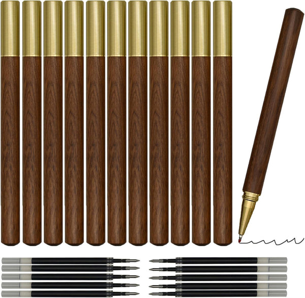 Maydahui 12 Pcs Wood Rollerball Gel Pen, Rosewood Brass Pens with 20 Pcs Refills for School Signature Party