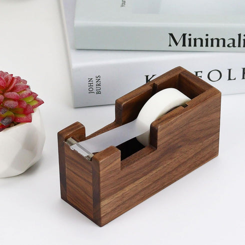Multibey Wood Tape Dispenser for Desk - Natural Walnut Wood Desktop Tape Holder with Non-Slip Base & Tape Cutter