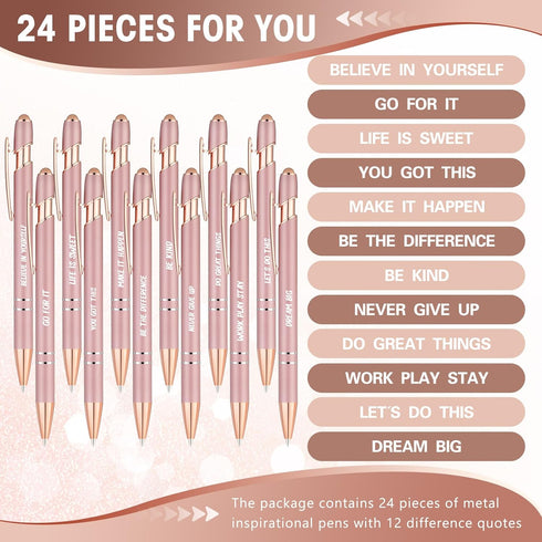 Yeaqee 24 Pcs Motivational Ballpoint Pens with Stylus Tip, Inspirational Black Ink Retractable Quotes Pen for Office