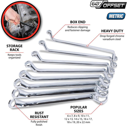 W1086 8Pc Offset Set Performance Tool Metric Box Wrench - Heavy-Duty Chrome Vanadium Steel Construction for Efficient