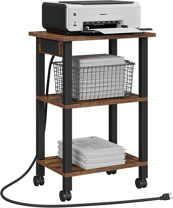 TUTOTAK 3 Tier Printer Stand, Rolling Printer Cart with Power Outlets and USB