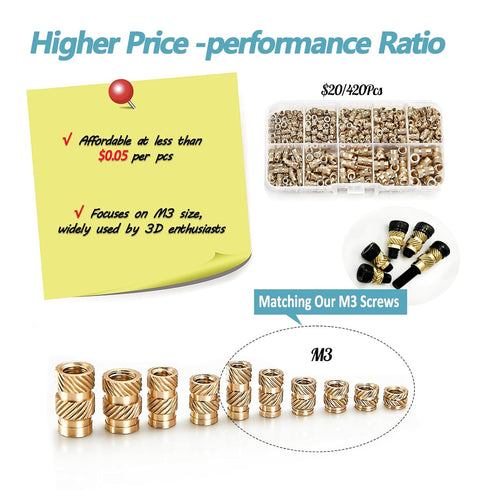 420Pcs M3 M4 M5 Threaded Inserts Assortment Kit, Metric Brass Knurled Nuts for 3D Printing Components