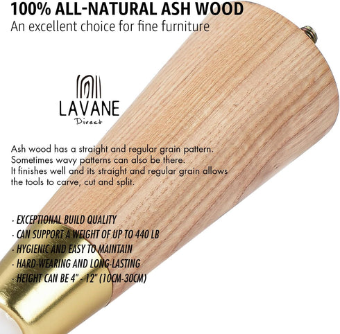 La Vane 4 inch Set 4 5/16 Inch Ash Wood Furniture Legs with Gold Caps, of Mid-Century Modern Tapered Varished Wooden