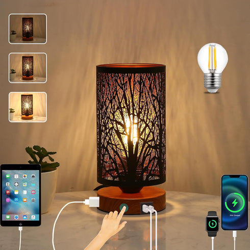 Table Lamp for Night Stands, Bedside Lamp with USB Port and Outlet,