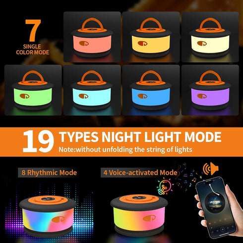 3 1 19 30s 32.8 TOHETO Camping String Lights, in Upgraded Retractable RGB Outdoor String Lights with Lighting