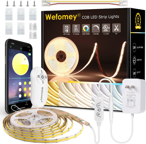 Wefomey COB LED Strip Light Warm White to Cool 2700K-6500K, 16.4ft Bright White