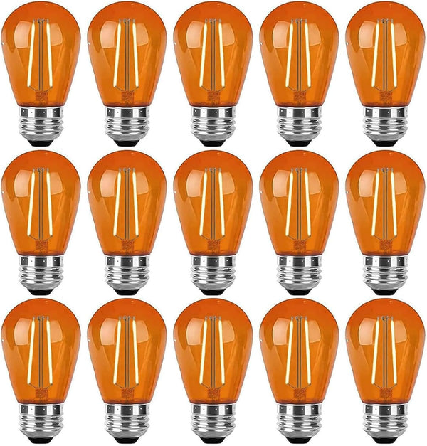 15 Pack S14 LED Orange Replacement Bulbs, 2W, E26 Base, Shatterproof Decorative for Outdoor Patio