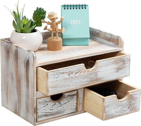 ZHWS Rustic Distressed White 3-Tier Wood Desk Organizer, Mini Desk Storage Shelf with 3 Drawers for Office Supplies