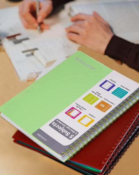 Spiral Notebook, 5 Subject College Ruled with Dividers, Pocket Tabs, Ruler, 100 Sheets, 200 Pages, 8.5''x11'' Lime