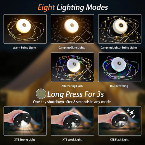 MDCMLKS 4 1 8 32.8FT Camping String Lights, in Portable Camping Light Rechargeable, Lighting Modes, USB Charging, Quick