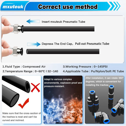 mxuteuk 1/4" Air Hose Fittings, 1/4" OD Push to Connect Fittings, 1/4" (6.35mm) OD x 32.8 Feet PU Tube (15PCS)