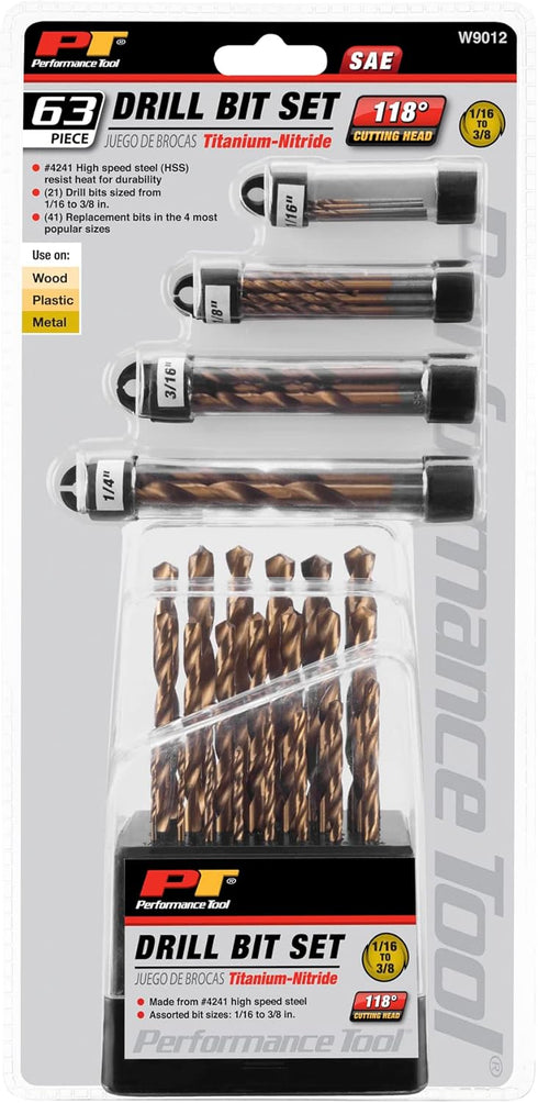 Performance Tool W9012: 63pc Titanium Drill Bit Set for Various Drilling Applications.