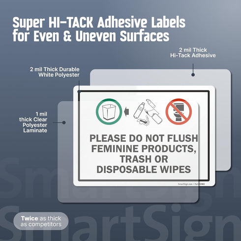 (Pack 4) 5 x7 inch 5 SmartSign of Please Do Not Flush Feminine Products, Trash Or Disposable Wipes Labels with Symbols
