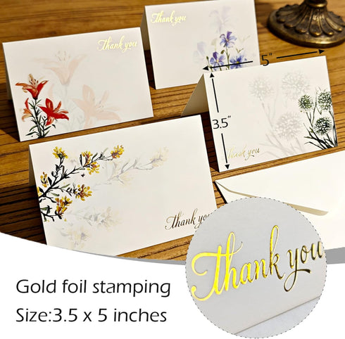 GORDEPENT 52 Pack, 3.5"x5" Gold Foil Thank You Cards with Envelopes | Floral Blank Inside Bulk Greeting Cards