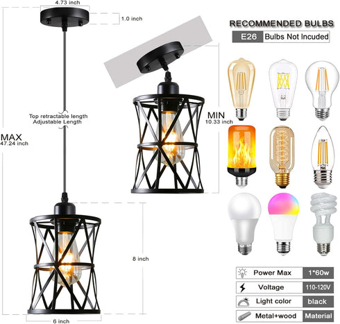 Laihezz 1-Light Black Pendant Light, Industrial Modern Small Hanging Light Fixture, Single Farmhouse Light for Kitchen